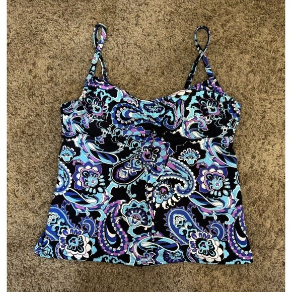 LANDS END Turquoise Black Purple Print Tankini Swim Top Beach Resort Sz 8 Petite - Picture 1 of 11